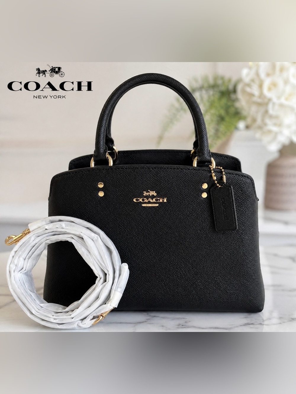 Coach Black Leather Satchel with Gold Accents